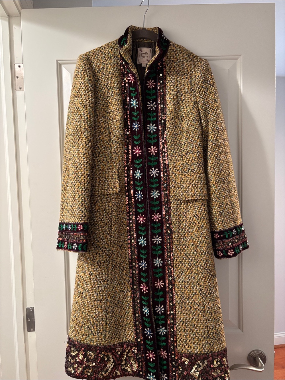 Vintage-Inspired Nanette Lepore Yellow Tweed Embroidered Long Coat